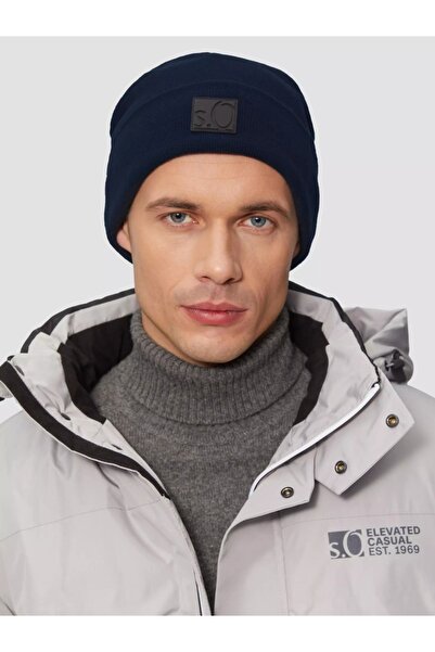 s.Oliver Knitted hat, men's with merino wool, Dark navy