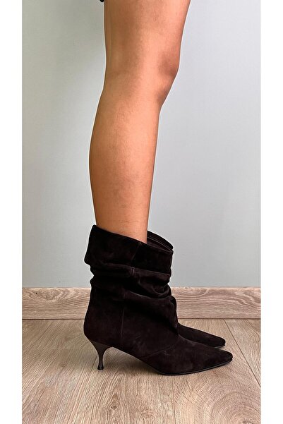 ESSO LA MİA Nomi Rome kahve Süet Hakiki Deri Sivri Burun Kadın ökçeli Çizme kısa