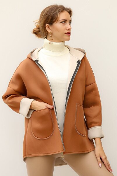 della moor Women's Tan Italian Scuba/Diver Fabric Zippered Hooded Oversize Jacket