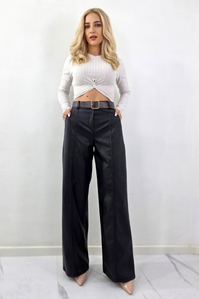 FashionForYou Leonis padded trousers, made of -leather, with pockets and matching belt, Black, Size S/M, S/M