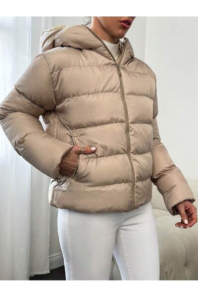 BLUSS Women's Short Hooded Inflatable Coat Cold-Proof Puffer Jacket (Beige/Cream)