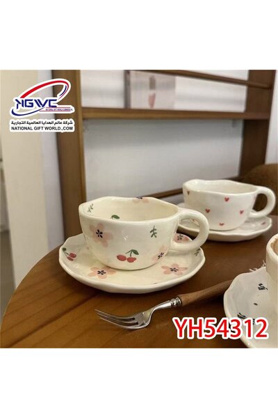 Cup كوب سيراميك مع صحن - تصميم كرز صيفي مميز