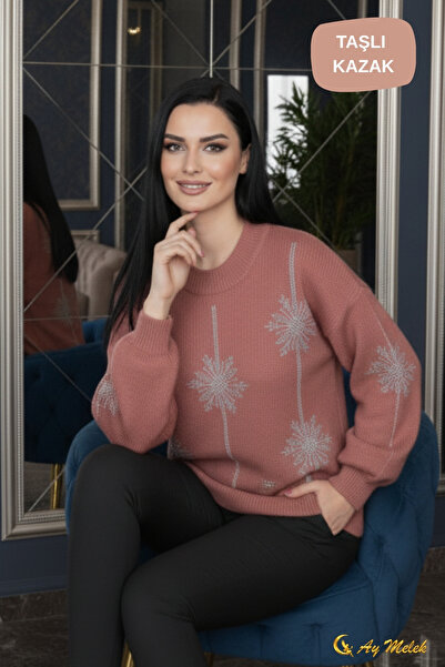 AYMELEK Women's Knitwear Sweater Detailed Crew Neck Soft Textured Sweater