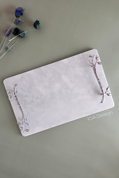 ioadesign Acacia Real Thin Marble Presentation Tray 32X20 cm - Gold Handle