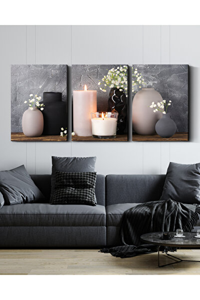 Evinemoda Candle Vase Flowers 3 Pieces Canvas - Canvas Painting