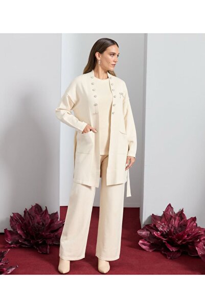 FUAT GÜRSEN Pearl Button Detailed Waist Belted Bag Pocket Trouser Three-Piece Knitwear Set