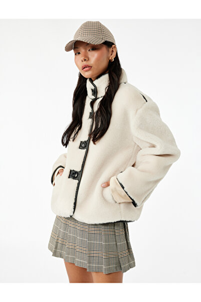Koton Mock Neck Coat Plush Piped Detail Buttons Long Sleeve