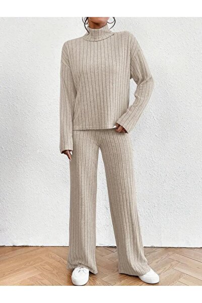 NEWORGINAL Women's Turtleneck Cotton Line Pattern Casual Comfortable Two-Piece Set