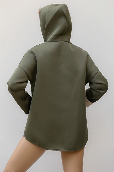 della moor Women's Khaki Italian Scuba/Diver Fabric Zippered Hooded Oversize Jacket