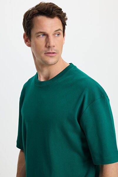 Tudors Unisex Oversize Wide Cut 100% Cotton Soft Textured Basic Crew Neck Green T-Shirt