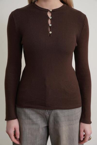 Mixray 6982 women's britli detailed soft basic sweater brown