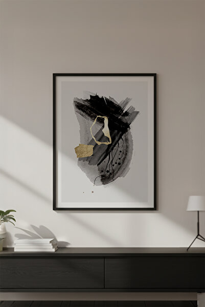 huhuli Ahşap Siyah Çerçeveli Soyut Desenli Siyah-Beyaz Tablo Huhu622