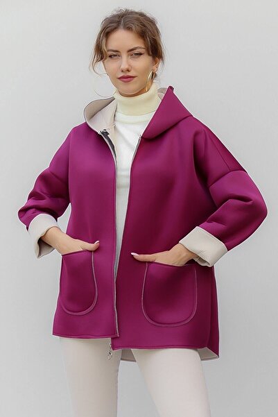 della moor Women's Purple Italian Scuba/Diver Fabric Zippered Hooded Oversize Jacket