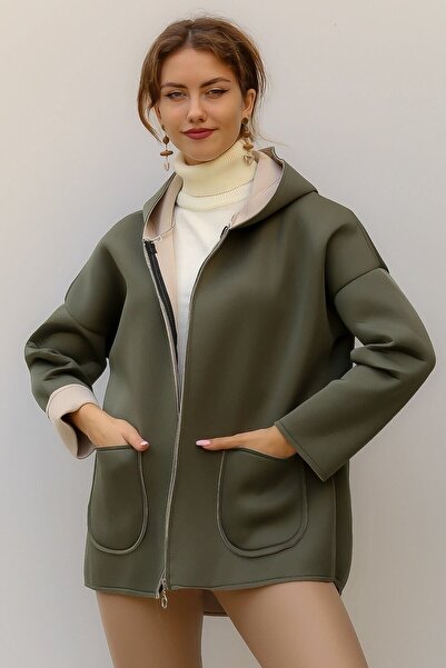 della moor Women's Khaki Italian Scuba/Diver Fabric Zippered Hooded Oversize Jacket