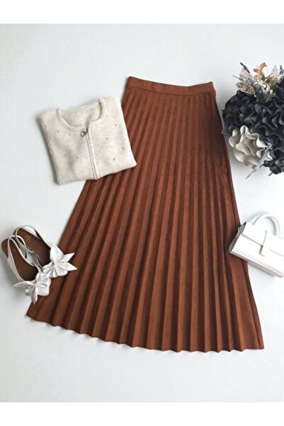 ŞAHİN TESETTÜR GİYİM PİLİSELİ BELİ LASTİKLİ SÜET ETEK 6081