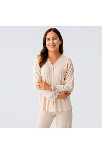 Penelope Lace Long Sleeve Lace Stretchy Viscose Pajama Set - Beige/Xl