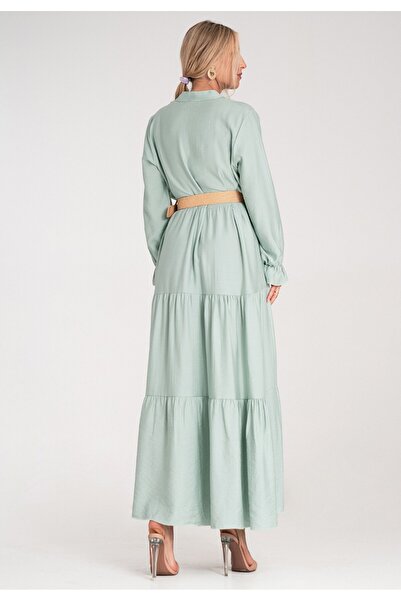 Figl Long casual dress with belt, with ruffles at the bottom – mint M1212 Universal