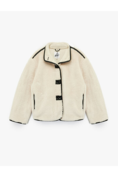 Koton Mock Neck Coat Plush Piped Detail Buttons Long Sleeve