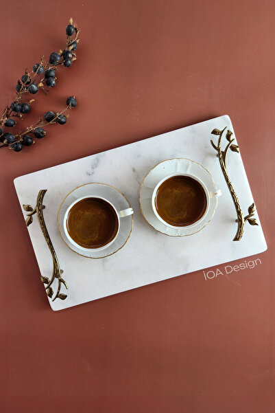 ioadesign Acacia Real Thin Marble Presentation Tray 32X20 cm - Gold Handle