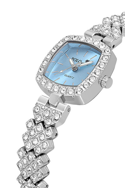 Polo Air Square Case Luxury Stone Women Wrist Watch Silver Blue Color Pl-1585B5X