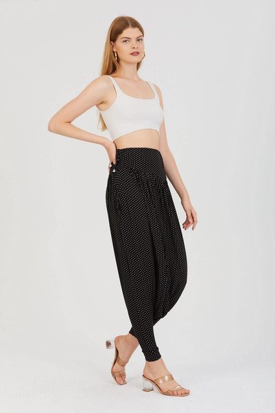 della moor Women's Black Polka Dot Patterned Elastic Waist Combed Shalwar
