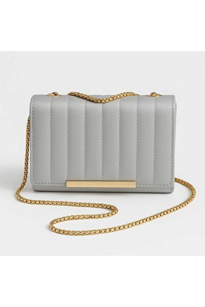 Mira Gold Zincir Detaylı Gümüş Mini Kadın Çanta – Kapitone Omuz & Crossbody