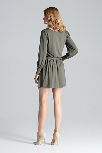 Figl Elegant mini dress with long sleeves and belt, olive green - M577 size S/M