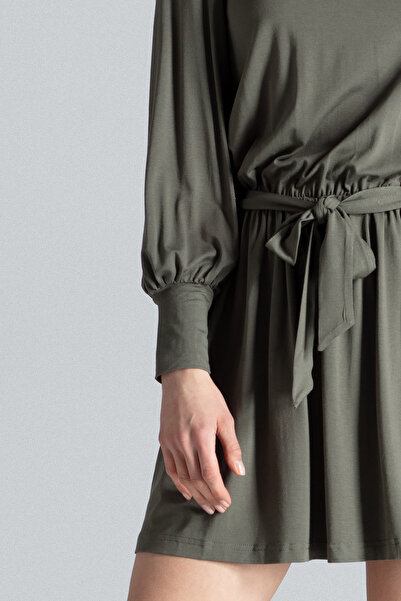 Figl Elegant mini dress with long sleeves and belt, olive green - M577 size S/M