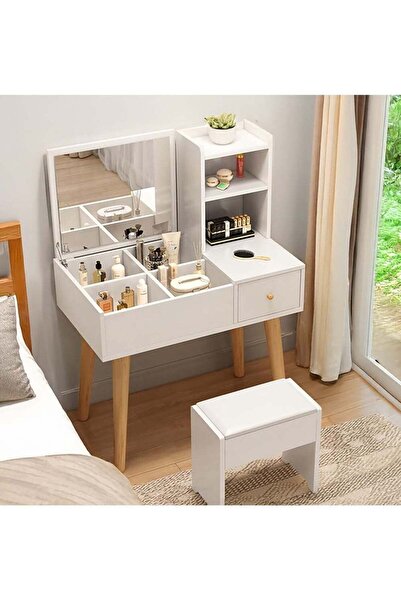 AGD Makeup Vanity Table with Spacious Storage, Mirror and Drawers, 80x40x111 cm / White