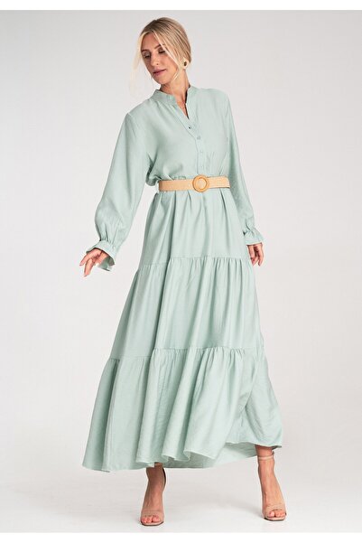 Figl Long casual dress with belt, with ruffles at the bottom – mint M1212 Universal