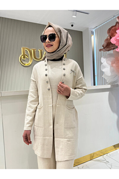 FUAT GÜRSEN Pearl Button Detailed Waist Belted Bag Pocket Trouser Three-Piece Knitwear Set