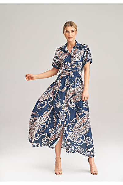 Figl Elegant long satin dress, navy blue with flowers, M1021, one size fits all