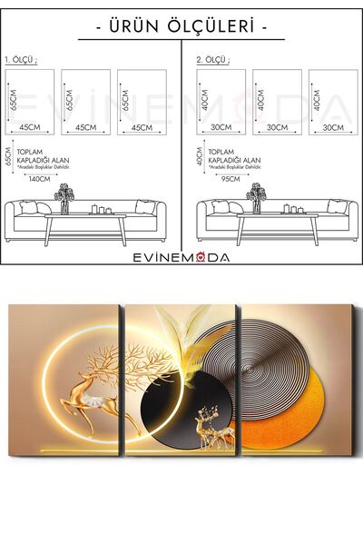 Evinemoda Gold Deer Round Patterns 3 Pieces Unilluminated Canvas - Canvas Painting