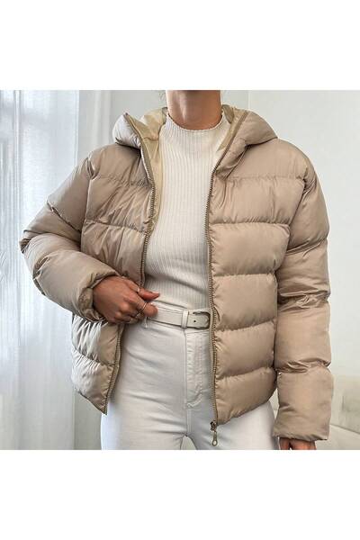 BLUSS Women's Short Hooded Inflatable Coat Cold-Proof Puffer Jacket (Beige/Cream)
