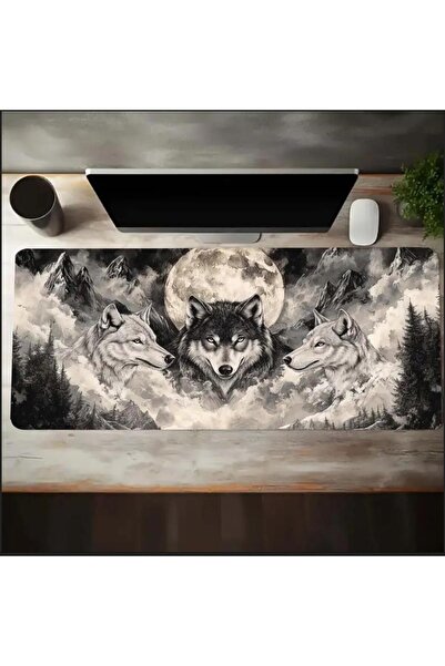 sgeteknoloji Sge Technology 65X25 cm Moon and Wolf Themed Anti-Slip Base Speed Surface Gaming Mouse Pad