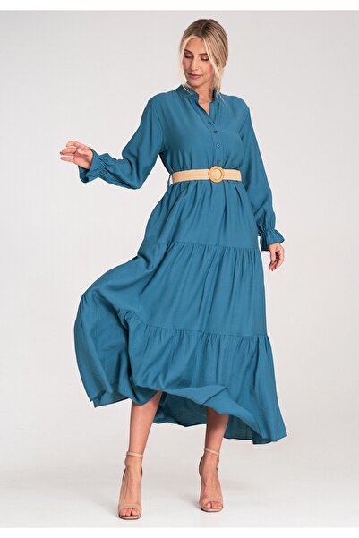 Figl Long casual dress with belt, with ruffles at the bottom – blue M1212 Universal