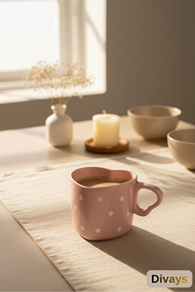 DİVAYS El Yapımı Seramik Pembe Puantiyeli Kalp Tasarım Mug Kupa Fincan Kahve