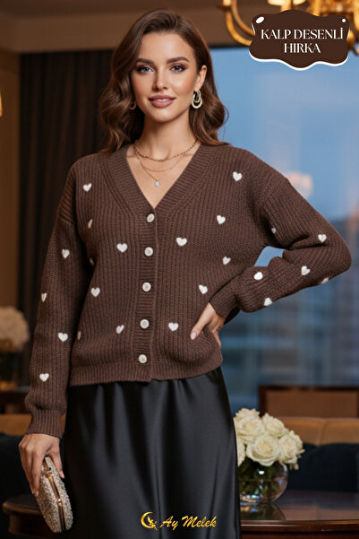 AYMELEK Women's Knitwear Cardigan V-Neck Short Textured Buttoned Cardigan