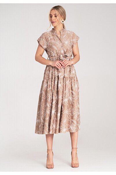 Figl Elegant Mock Neck long dress with Printed – brown M1180 Universal