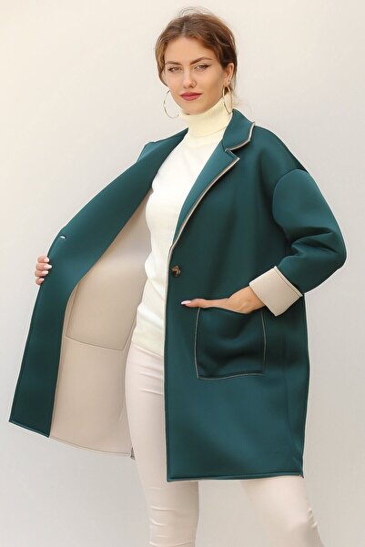 della moor Women's Green Italian Scuba/Diver Fabric Single Button Oversize Jacket