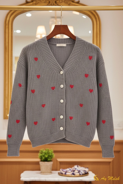 AYMELEK Women's Knitwear Cardigan V-Neck Short Textured Buttoned Cardigan