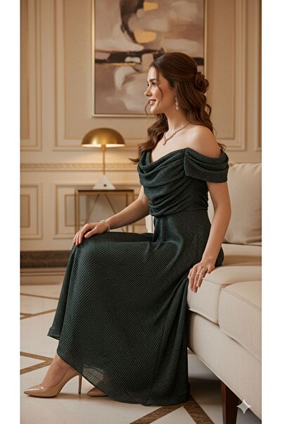 NARCISSUS FASHION Pleated evening dress with off-the-shoulder design