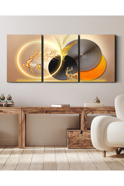Evinemoda Gold Deer Round Patterns 3 Pieces Unilluminated Canvas - Canvas Painting