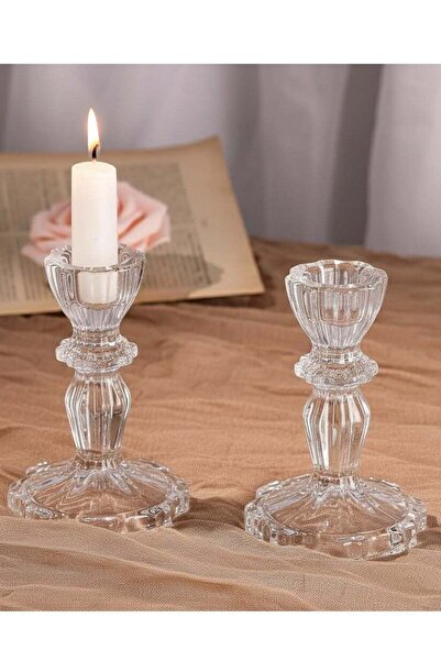 Generic Set of 2 Elegant Glass Candle Holders - Crystal Clear Taper Candle Stands