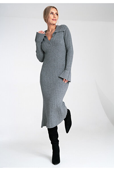 Figl Elegant dress with collar - Knitted dress - gray M1093 size Universal