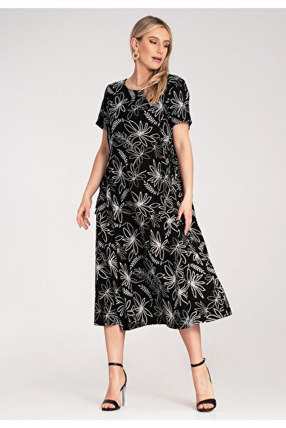 Figl Simple floral Printed dress with side ties – black M1181 Universal