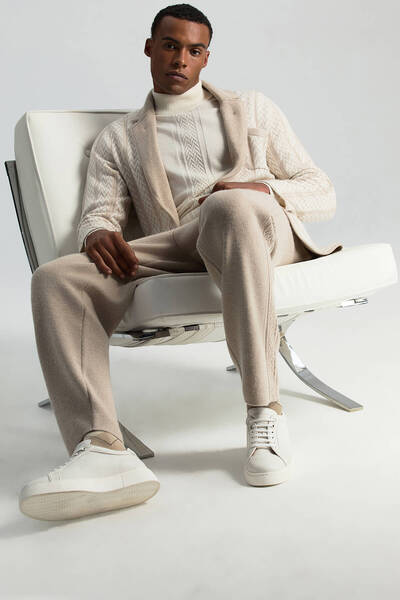 Hemington Kaşmir-İpek-Yün Karışım M Desenli Açık Bej Triko Pantolon