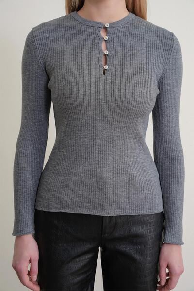 Mixray 6982 women's britli detailed soft basic sweater gray