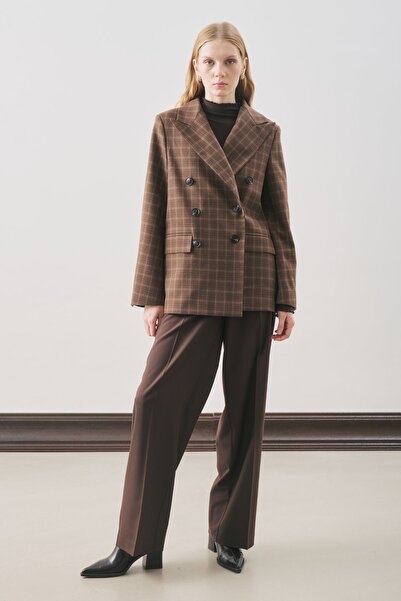 Manuka Double-Breasted Plaid Blazer Jacket Brown