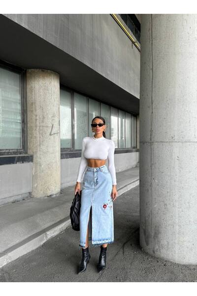 HerTon Çiçek Nakış Detaylı Yırtmaçlı Denim Midi Etek